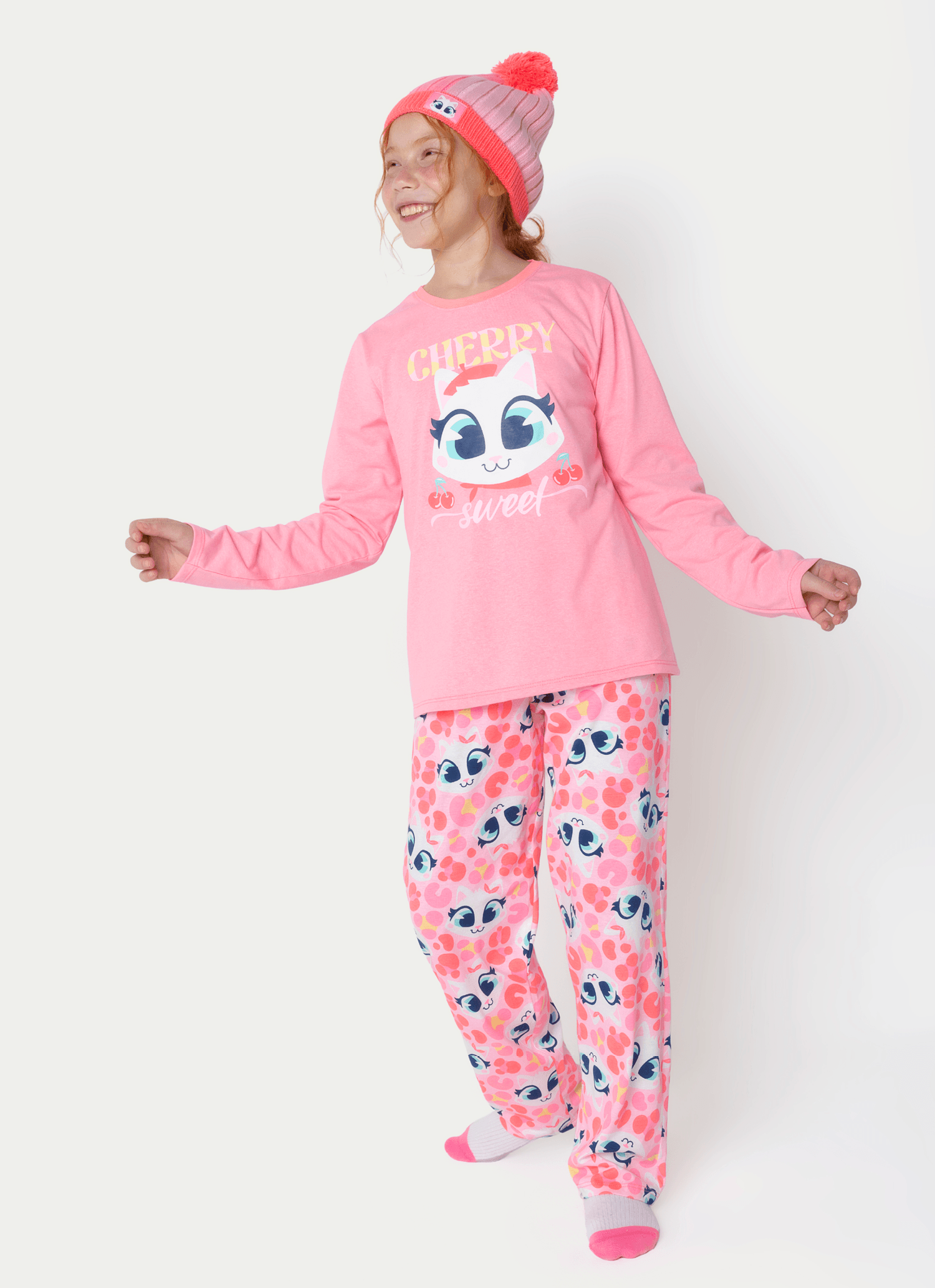 Pijama-Manga-Longa-Algodao-Menina-Teen-Gata-Cereja