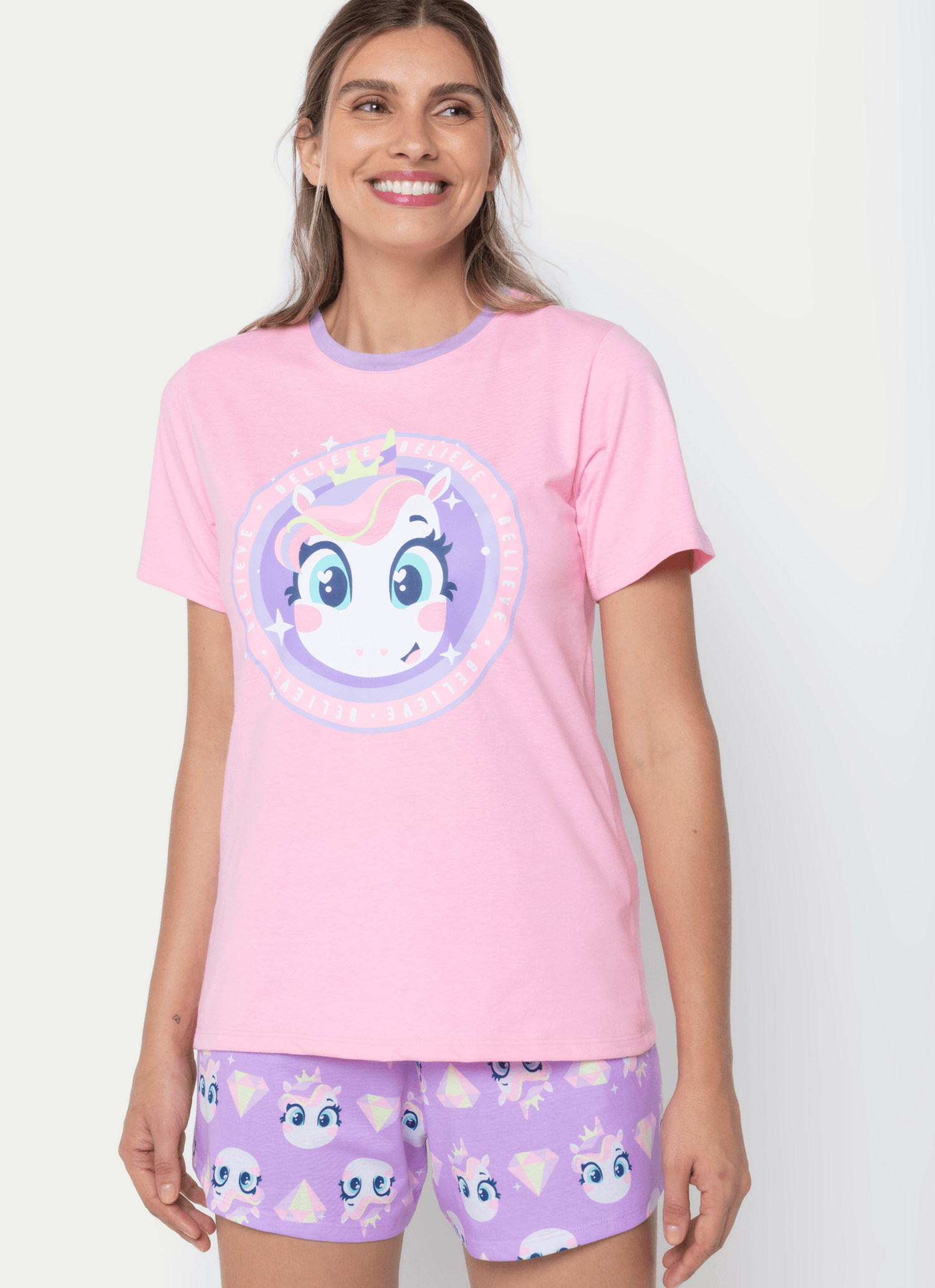 Pijama-Manga-Curta-Algodao-Feminino-Unicornio-Diamante