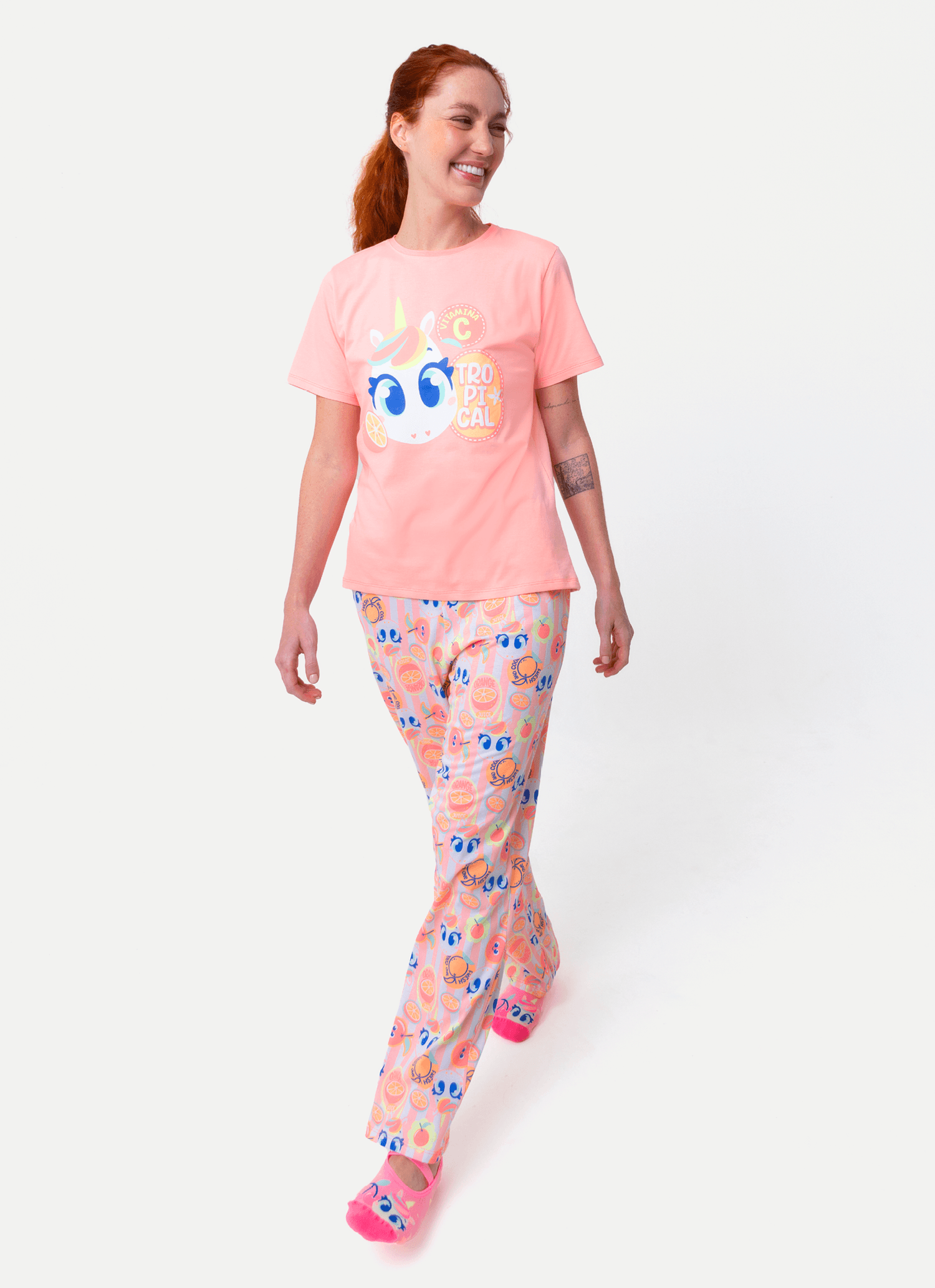 Pijama-Manga-Curta-Algodao-Feminino-Unicornio-Frutas