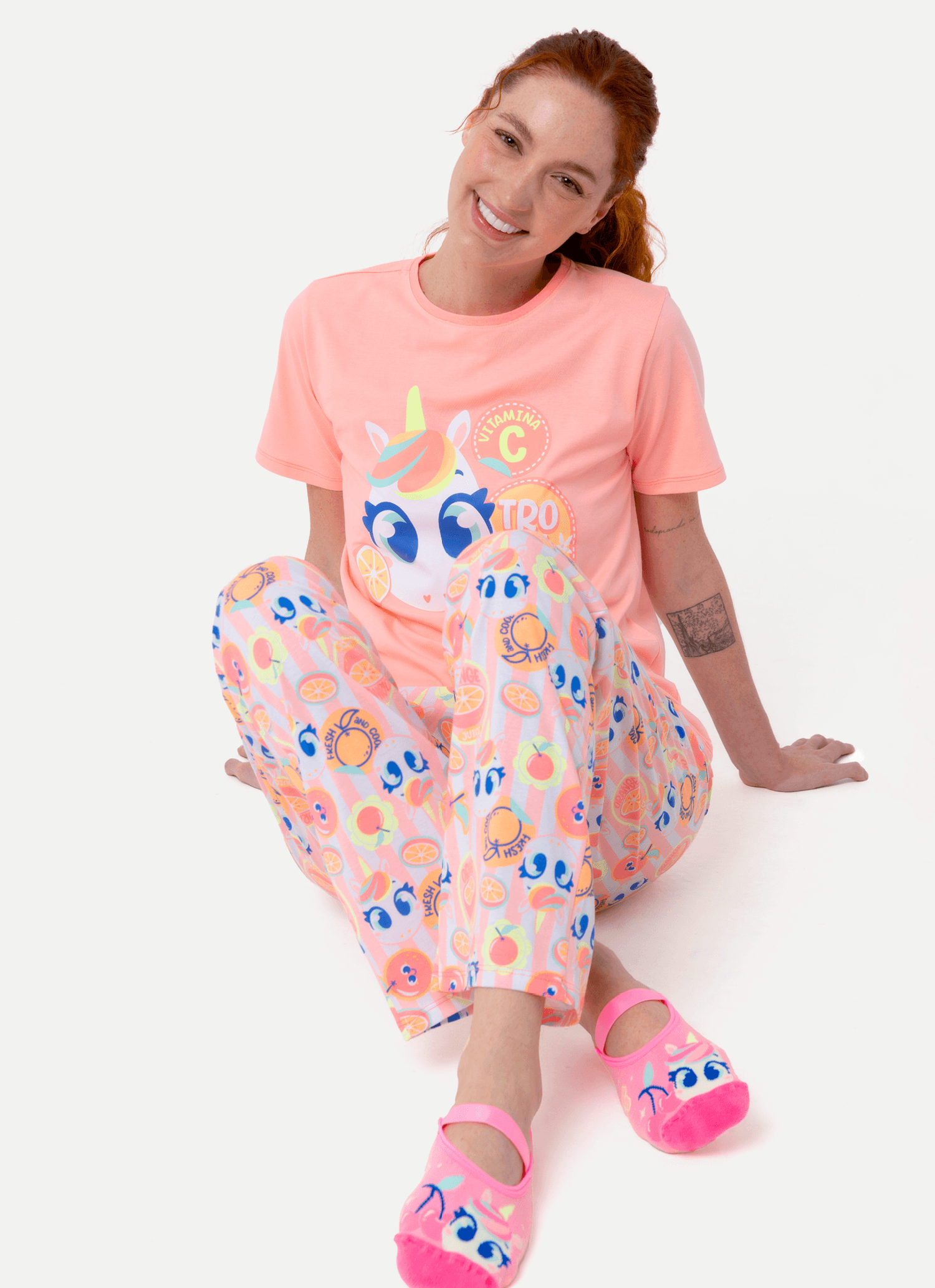 Pijama-Manga-Curta-Algodao-Feminino-Unicornio-Frutas